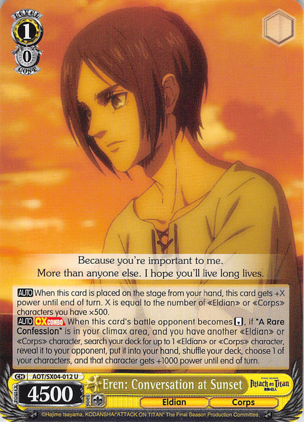 Attack on Titan Trading Card - AOT/SX04-012 U Weiss Schwarz Eren: Conversation at Sunset (Eren) - Cherden's Doujinshi Shop - 1