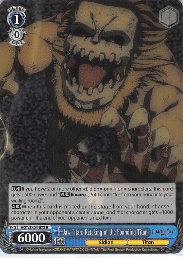 Attack on Titan Trading Card - AOT/SX04-072 R Weiss Schwarz (HOLO) Jaw Titan: Retaking of the Founding Titan (Jaw Titan) - Cherden's Doujinshi Shop - 1