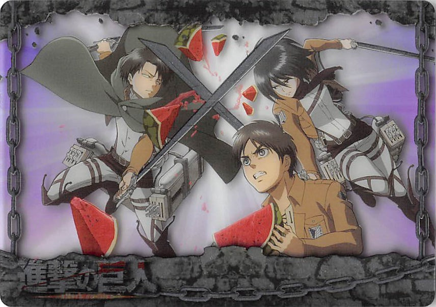 Attack on Titan Trading Card - ATW-I-13 Metallic FOIL Wafer Choco Levi Mikasa and Eren (Levi Ackerman) - Cherden's Doujinshi Shop - 1